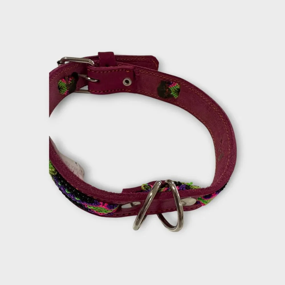 Hand Crafted Pink Leather Dog Collar with Neon Green & Purple Embroidery